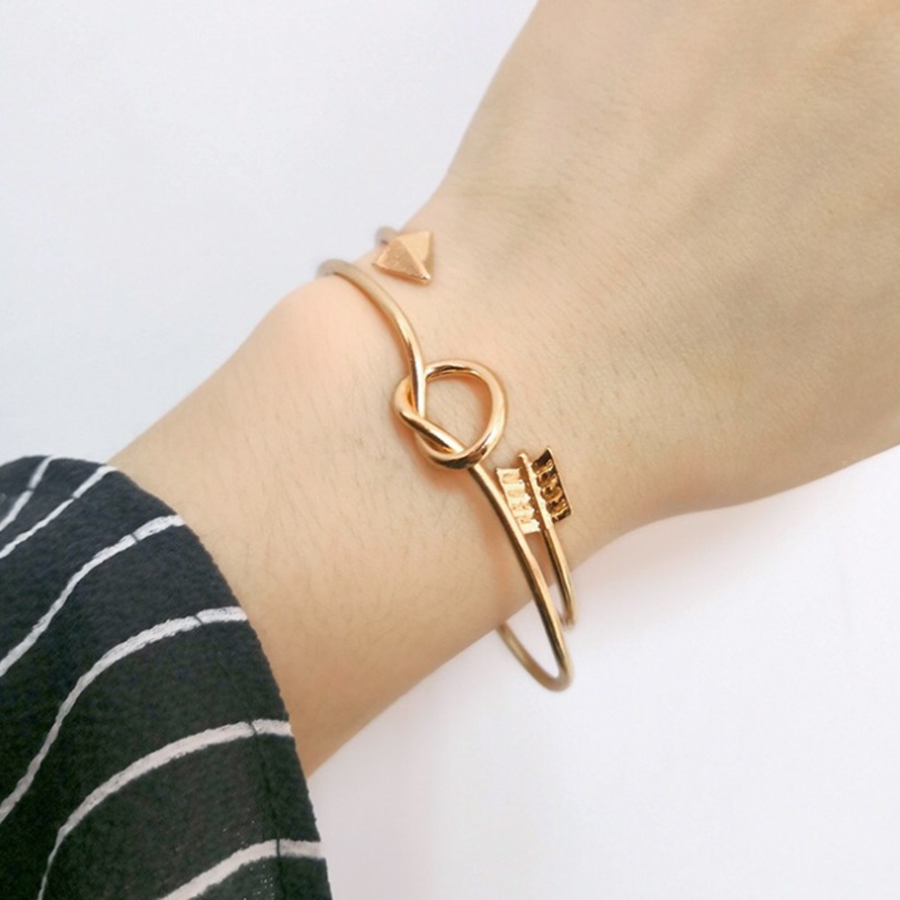 Boho Gold Arrow & Love Knot Bangle Cuff Bracelet - Picture 1 of 5